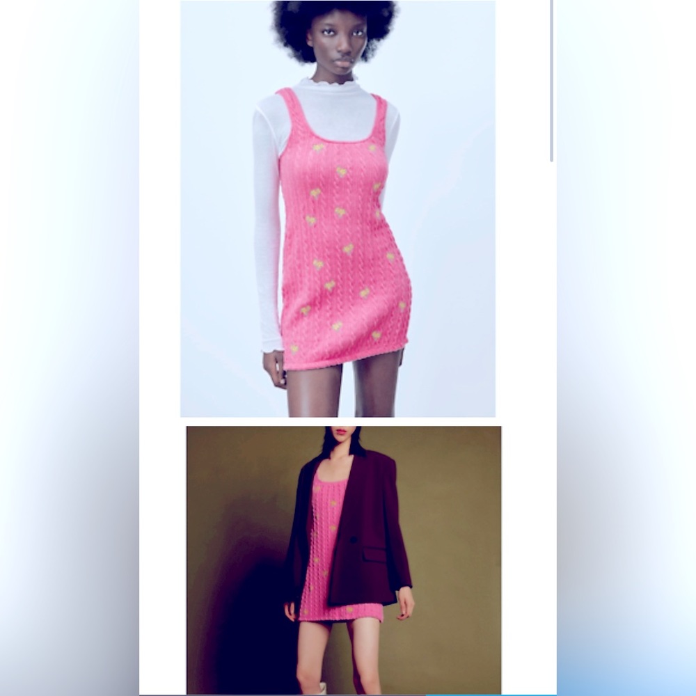 Zara pink knit dress with yellow flowers.